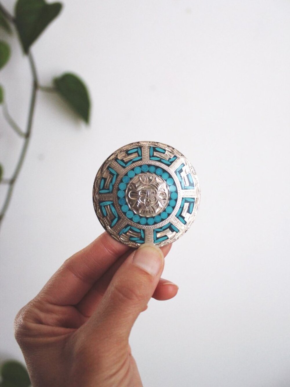 Vintage Sterling Silver Turquoise Brooch Pendant Mosaic Inlay Aztec Mayan - Picture 2 of 8